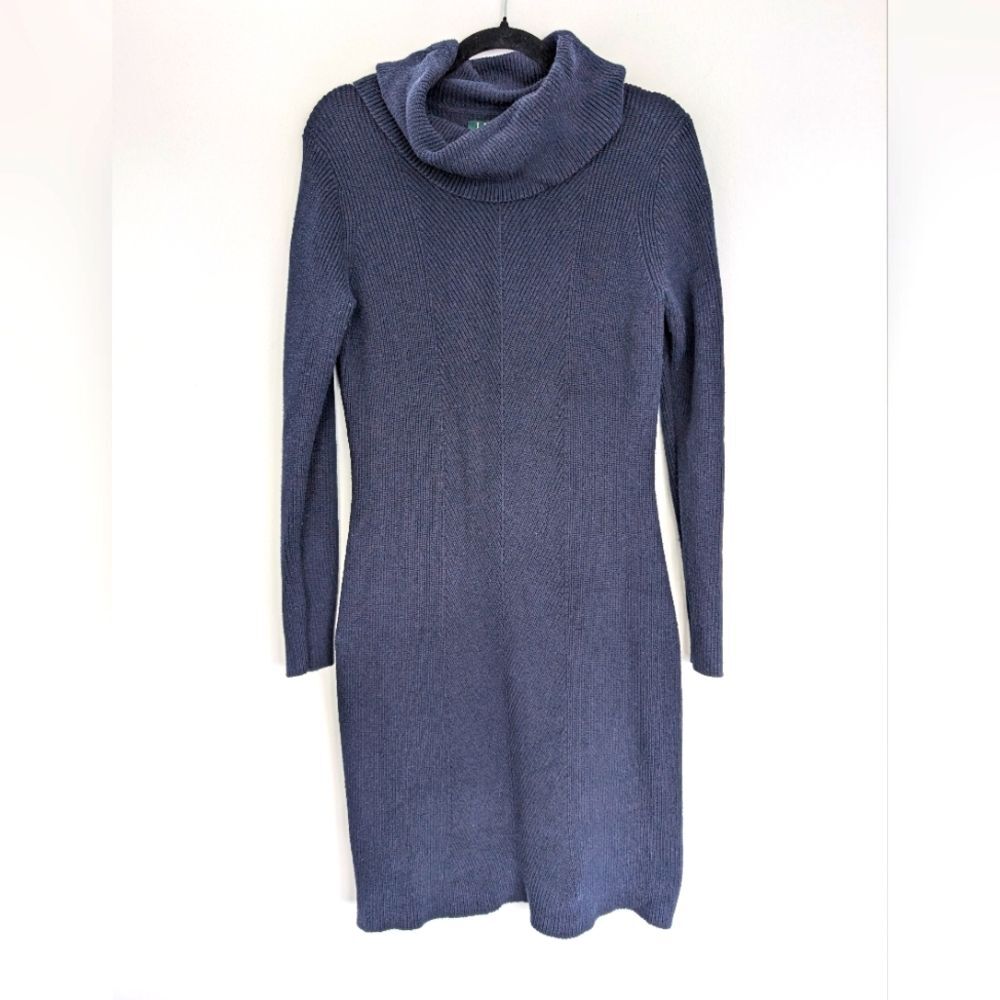 Lauren Ralph Lauren Navy Cowl Neck Knit Sweater Mini Dress Sz L Minimalist